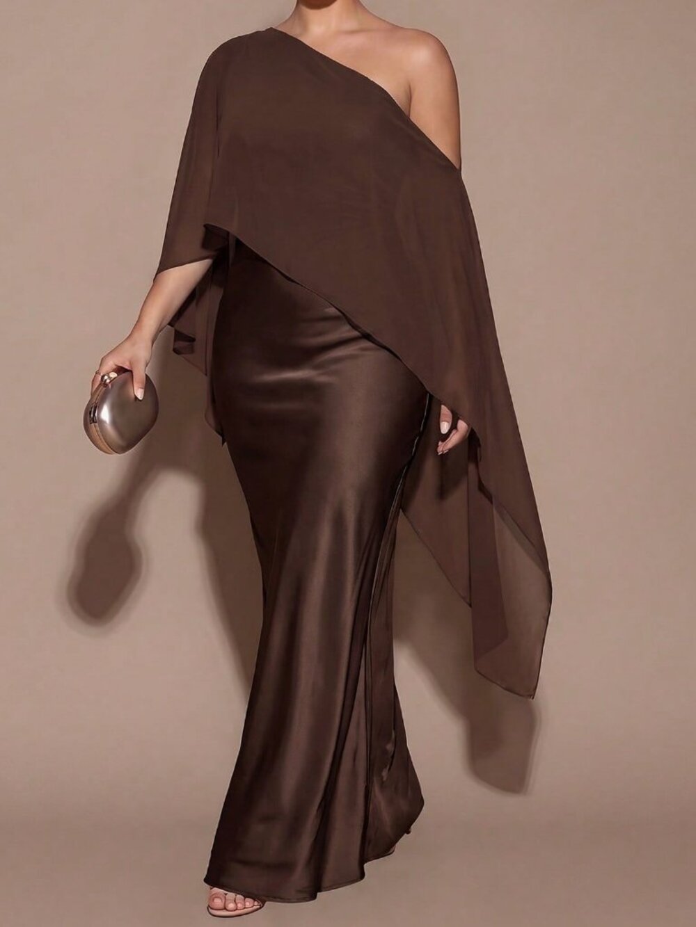 Coffee Brown Peeppy Women's Asymmetrical Neck Fitted Maxi Dress